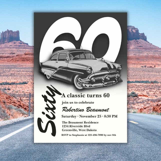 Convites Viagem Clássico Cinza Carro Completa 60 Anos (Criador carregado)