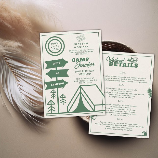 Convites Viagem de aniversário de 30 anos da Floresta de Ca (camping 30th birthday weekend itinerary modern minimalist camp mountains forest green)