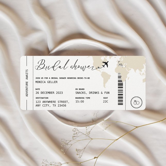 Convites Viagem de Embarque Beige do Chá de panela Ameaçado (Bridal Shower Boarding Pass Beige, Modern Invitation)