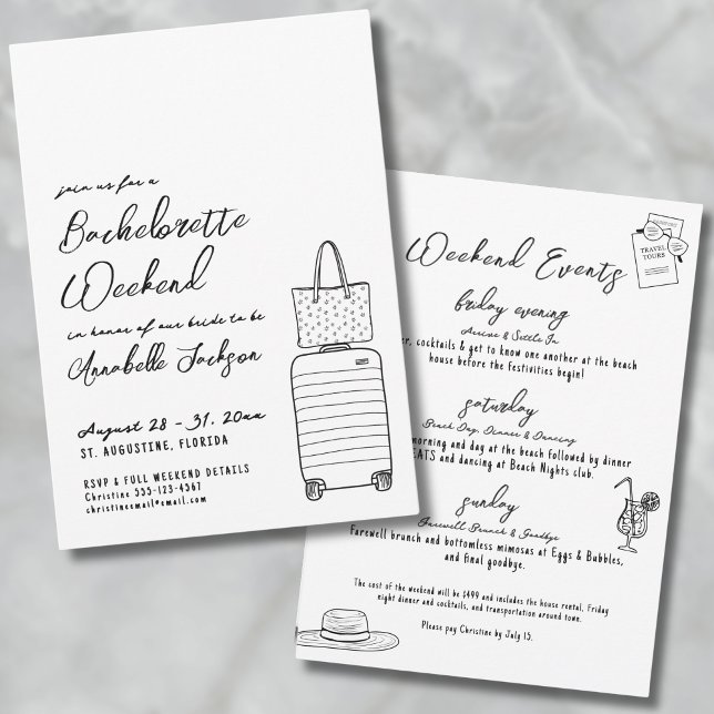 Convites Viagem de Meninas Desenho à Mão Caprichoso Festa d (Hand Drawn Whimsical Quirky Bachelorette Party Invitation)