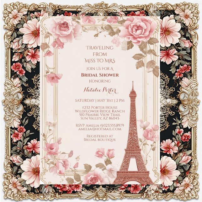Convites Viagem de Senhorita a Senhora Chá de Bebê Paris  (Traveling from Miss to Mrs Bridal Shower Paris Invitation)