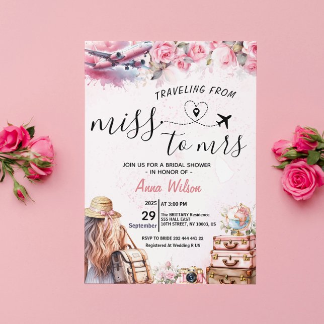Convites Viagem de Solteira para Casada: Chá de Noiva (traveling from miss to mrs bridal shower invitations love is a journey around the world)
