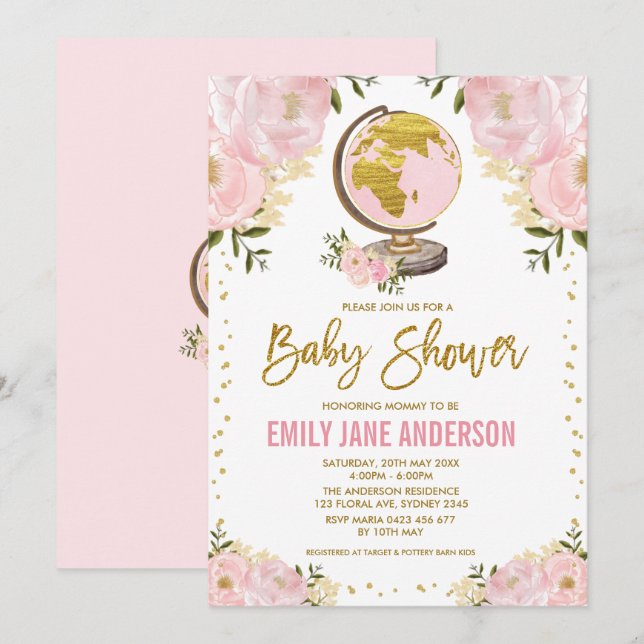 Convites Viagem Girl Chá de fraldas Rosa Dourada Aventura F (Frente/Verso)