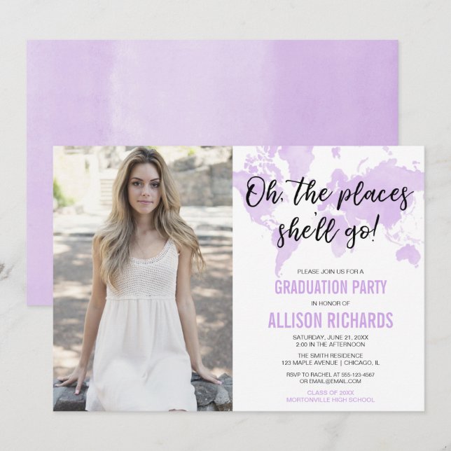 Convites Viagem oh os lugares irá foto da graduação (Frente/Verso)