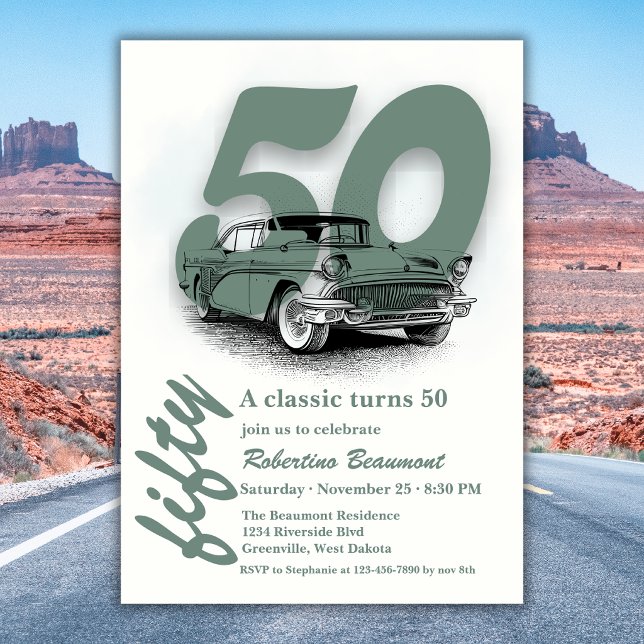 Convites Viagem Verde Carro Clássico Completa 50 Anos (Criador carregado)