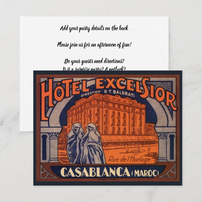 Convites Viagens vintage, Casablanca, Marrocos, África (Frente/Verso)