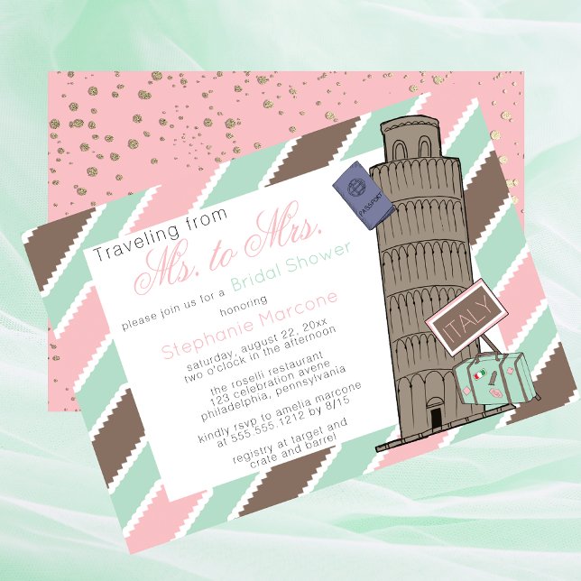 Convites Viajando da Sra. à Sra. Itália Chá de panela Tema (Traveling From Ms To Mrs Italy Travel Destination Leaning Tower of Pisa Bridal Shower Invitation)