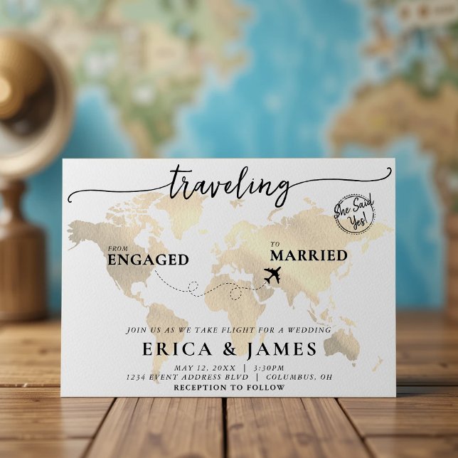 Convites Viajando de Envolvimento para Casamento Dourado de (Traveling from Engaged to Married Gold Map Wedding Invitation
)