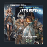 Convites Viajando homens medievais guerreiros do mal<br><div class="desc">Dois guerreiros viking bárbaros vestindo capacetes corados e couro com pelo e calças e topos de metal estão ameaçadoramente diante de vocês. Ela está segurando um escudo metálico em seu peito e tem cabelo louro longo enquanto ele tem uma barba longa. Uma casa-quadro A com luz noturna acesa aparece no...</div>