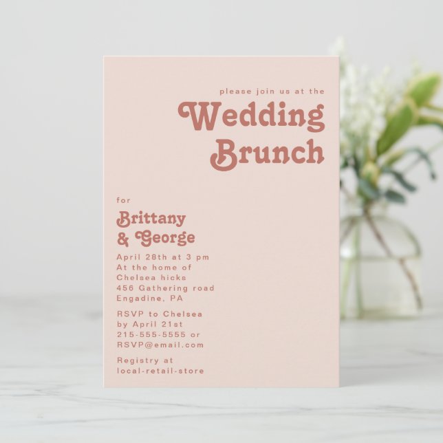 Convites Vibes de Retro Simples | Blush Pink Wedch Brunch (Em pé/Frente)