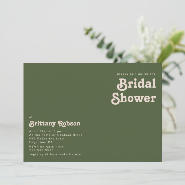 Convites Vibes de Retro Simples | Chá de panela verde-azeit (Em pé/Frente)