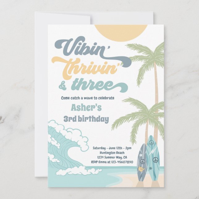Convites Vibin' Thrivin' e Three Retro Surf Beach Birthday (Frente)