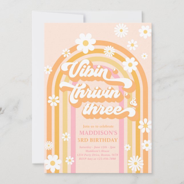 Convites Vibin' Thrivin 'Three Boho Daisy Rainbow Birthday (Frente)