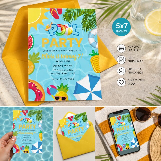 Convites Vibração de Festa de Piscina de Verão Tropical (Criador carregado)