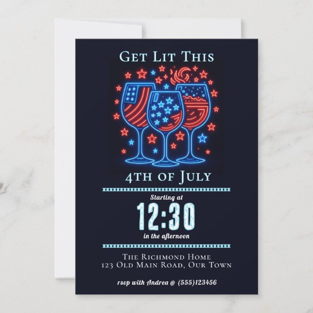 Convites Vibrações de Liberdade Neon | Festa de 4 de Julho (Frente)