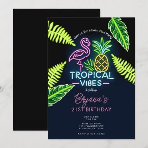 Convites Vibrações Tropicais Neon Brilho Folhas Festa de An