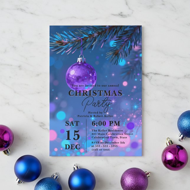 Convites Vibrant Blue Purple Bauble Bokeh Christmas Party (Criador carregado)