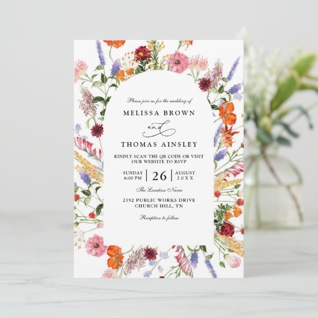 Convites Vibrant Bold Watercolor Wildflower QR Code Wedding (Em pé/Frente)