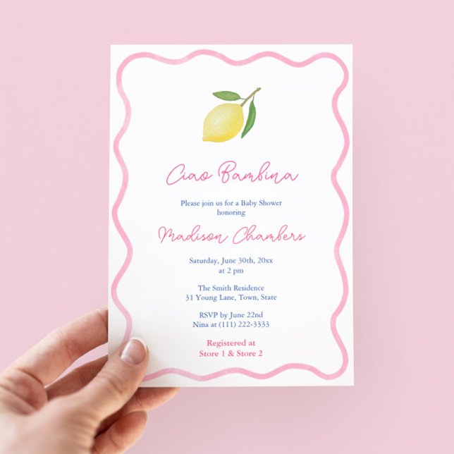Convites Vibrant Ciao Bambina Pink Citrus Girl Chá de frald (Ciao Bambina! Modern Wavy Border Citrus Lemon Baby Shower Invitation with pink accents. )