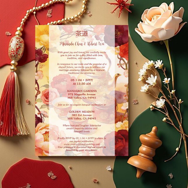 Convites Vibrant Floral Chinese Tea Ceremony Wedding (Colorful Chinese Tea Ceremony Wedding Invitation Cadrs.)