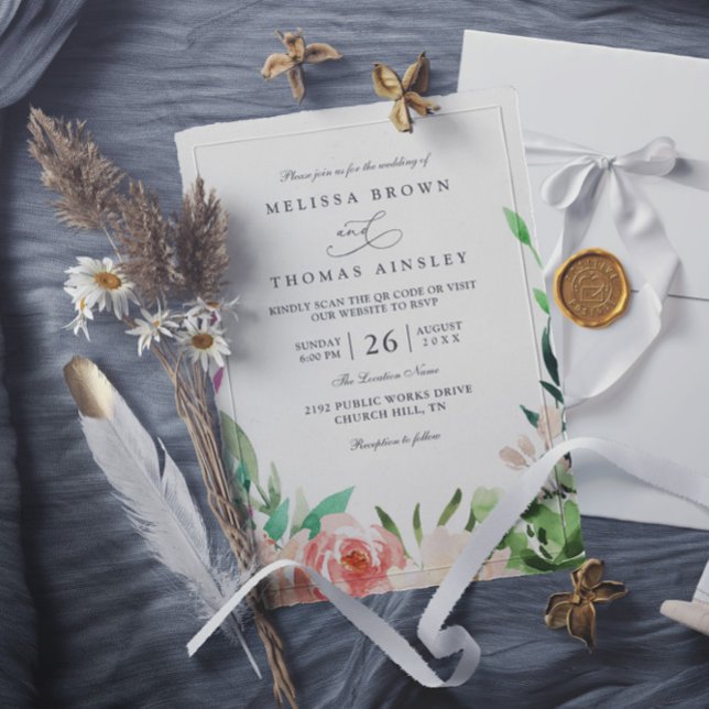 Convites Vibrant Garden Rustic Colorful QR Code Wedding (Criador carregado)