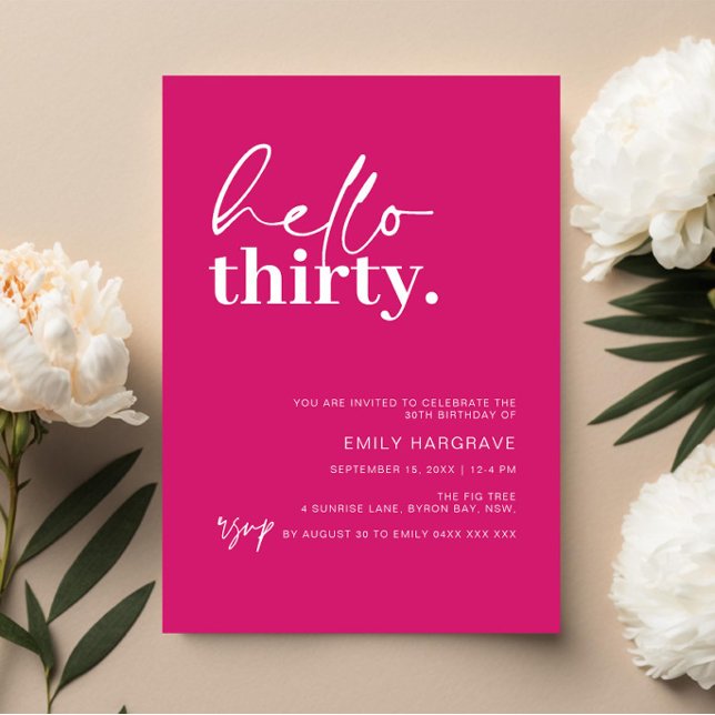 Convites Vibrant Hot Pink Hello Trinta e 30 Festas de anive (Criador carregado)