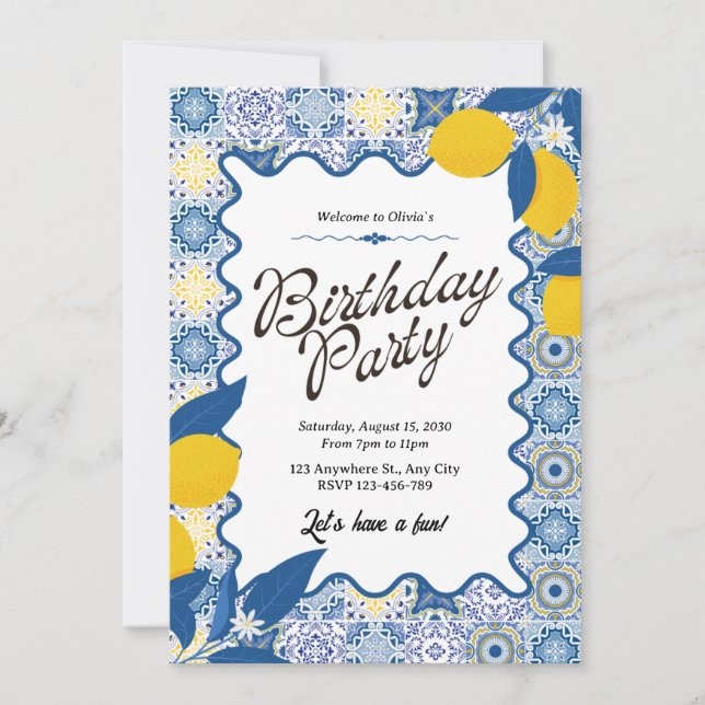 Convites Vibrant Mediterranean Lemon & Blue Birthday (Frente)