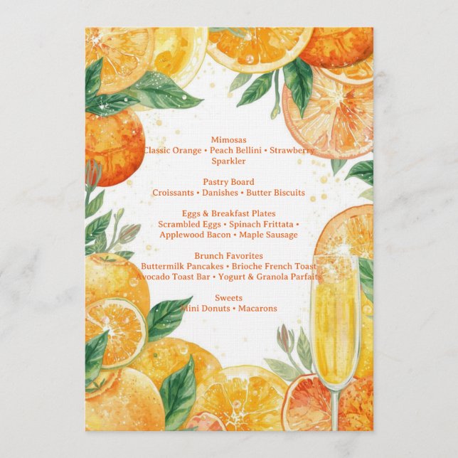 Convites Vibrant Mimosa Brunch Menu – Watercolor Citrus (Frente)