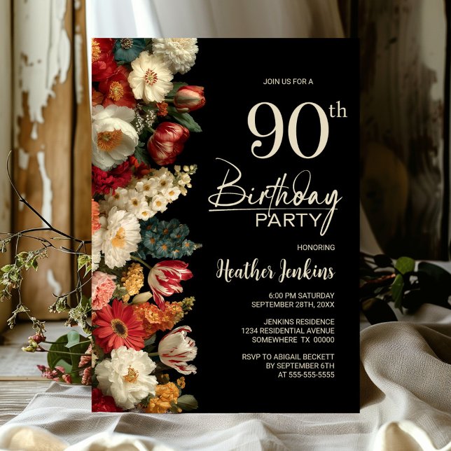 Convites Vibrant Moody Floral Black 90th Birthday Party (Criador carregado)