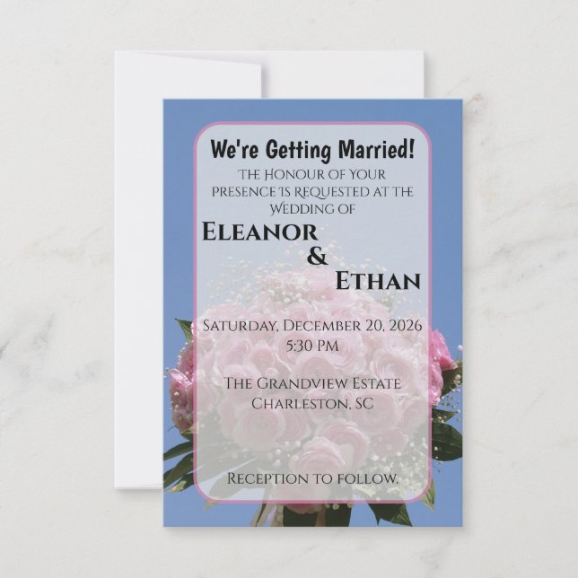 Convites Vibrant Pink Rose Bouquet & Blue Sky Summer  (Frente)