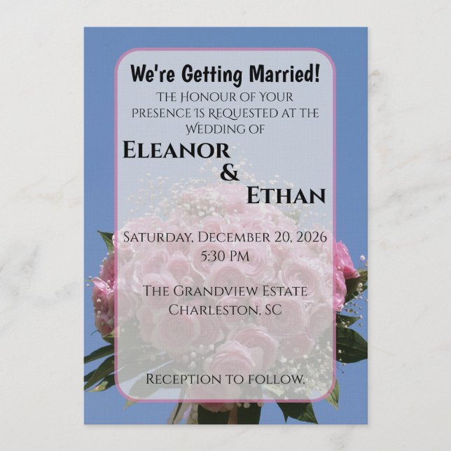 Convites Vibrant Pink Rose Bouquet & Blue Sky Summer  (Frente)