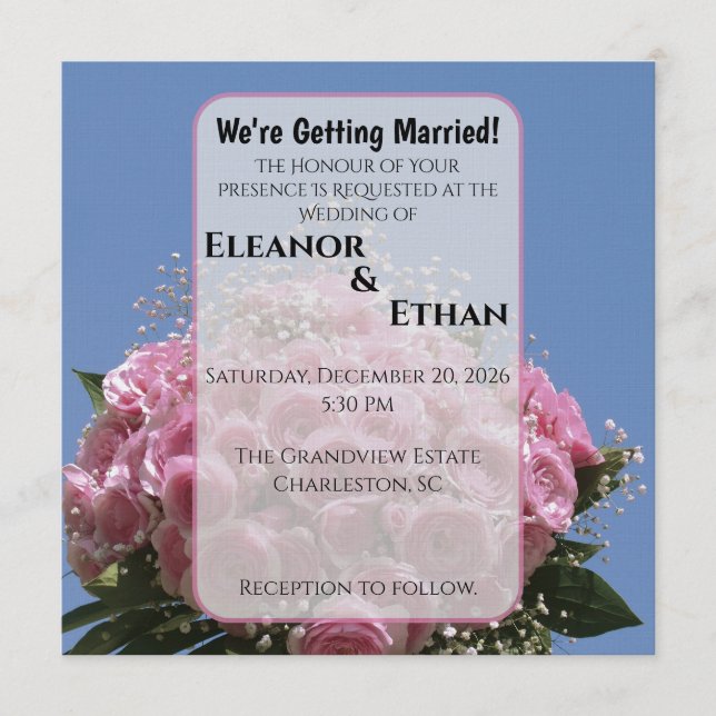 Convites Vibrant Pink Rose Bouquet & Blue Sky Summer  (Frente)