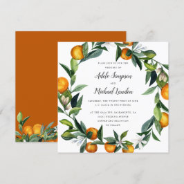 Convites Vibrant Tangerine Citrus wreath watercolor casamen