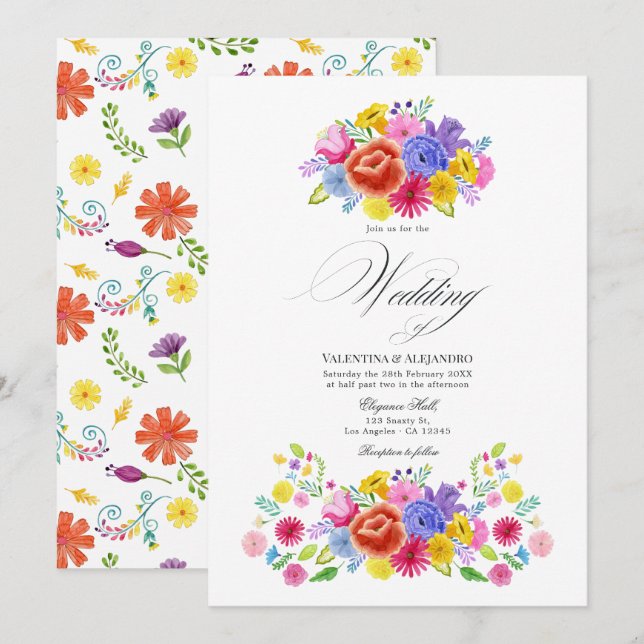 Convites Vibrant Watercolor Floral Fiesta WedDesign (Frente/Verso)