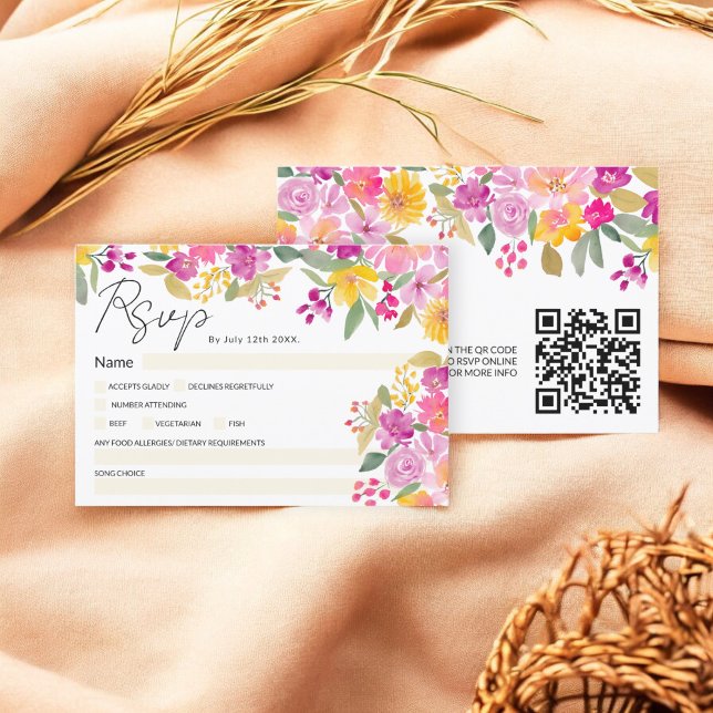 Convites Vibrant Watercolor Script Floral Casamento QR RSVP (Vibrant Watercolor Floral Script Wedding QR RSVP Invitation)