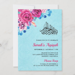Convites Vibrante Aqiqah de Bebê Menina com Flores Rosa