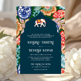 Convites Vibrante Elefante de Arte Popular Indiana Casament
