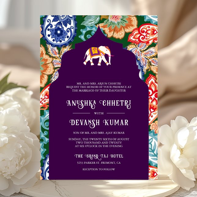 Convites Vibrante Elefante de Arte Popular Indiana Casament (Criador carregado)