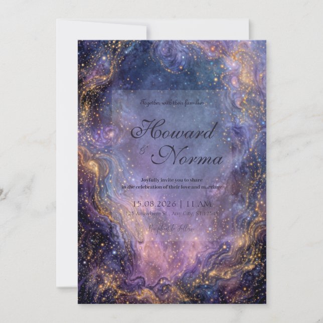 Convites Vibrante Nebulosa Celestial Dourada Roxa Casamento (Frente)