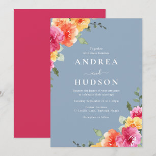 Convites Vibrante Pó Floral Rosa Azul Casamento