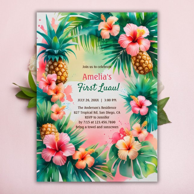 Convites Vibrante Tropical Havaiana Primeiro primeiro anive (First Luau Birthday Invitation – Vibrant Tropical Hawaiian Party Invite Invitation)