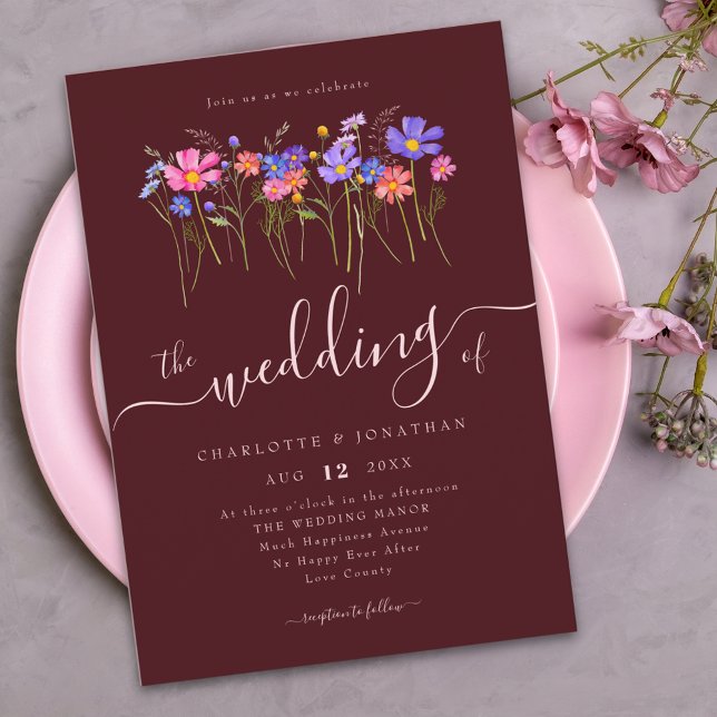 Convites Vibrantes Flores Silvestres Ousadas Burgundy Rosa  (Vibrant wildflower meadow boho burgundy blush pink wedding invitation Elegant whimsical script )