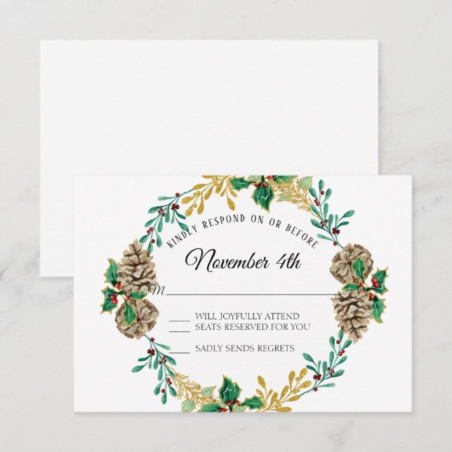 Convites Vice-Presidente de Natal Dourado Holly Leaf Pine C (Frente/Verso)