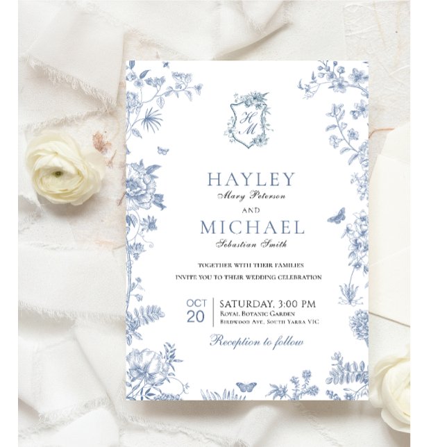 Convites VICTORIA Regency Blue French Garden Weding Invite (Criador carregado)
