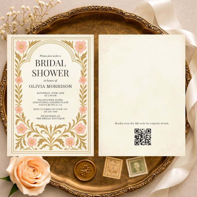 Convites Victorian Floral Art Nouveau QR Code Bridal Shower (Criador carregado)