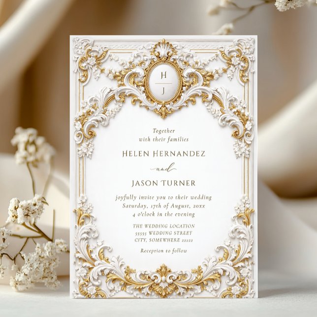 Convites Victorian Gold & White Baroque Frame Wedding (Criador carregado)
