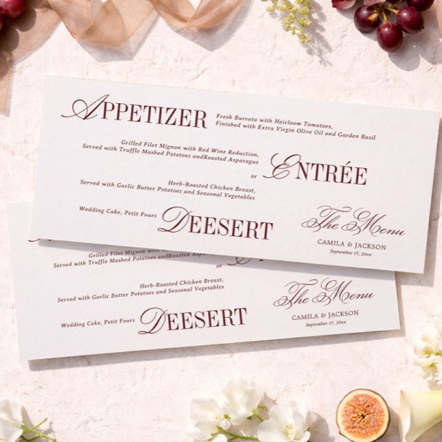 Convites Victorian Ivory and Burgundy Wedding Menu Card (Criador carregado)