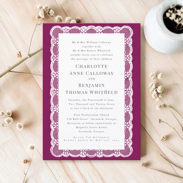 Convites Victorian Lace Plum Wedding Invitation (Criador carregado)