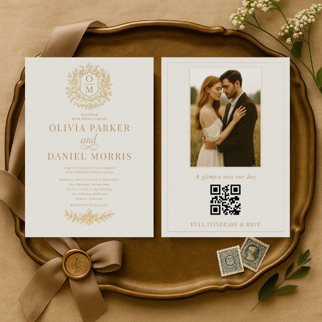 Convites Victorian Photo QR Code Floral Elegant Wedding (Criador carregado)