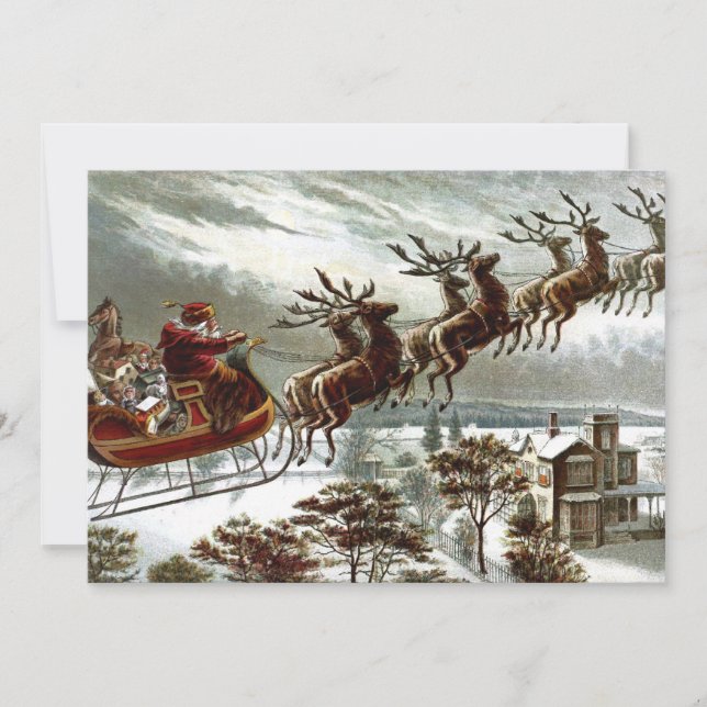 Convites Victorian Santa Claus Reindeer e Sleigh (Frente)